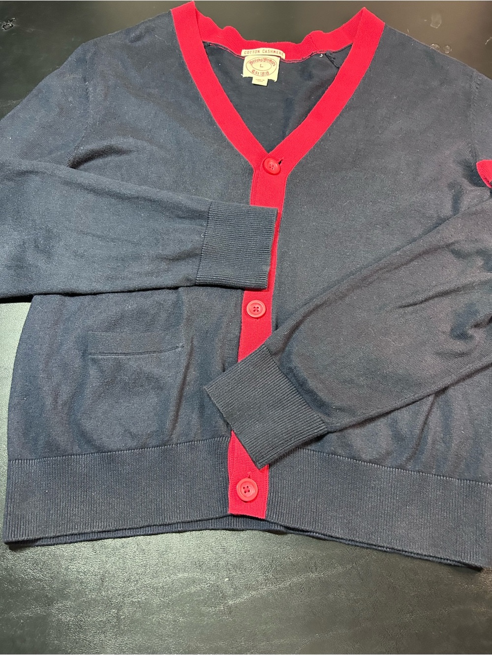 Brooks Brothers Men’s Large Navy Blue Cotton Cashmere Cardigan Sweater Red Trim